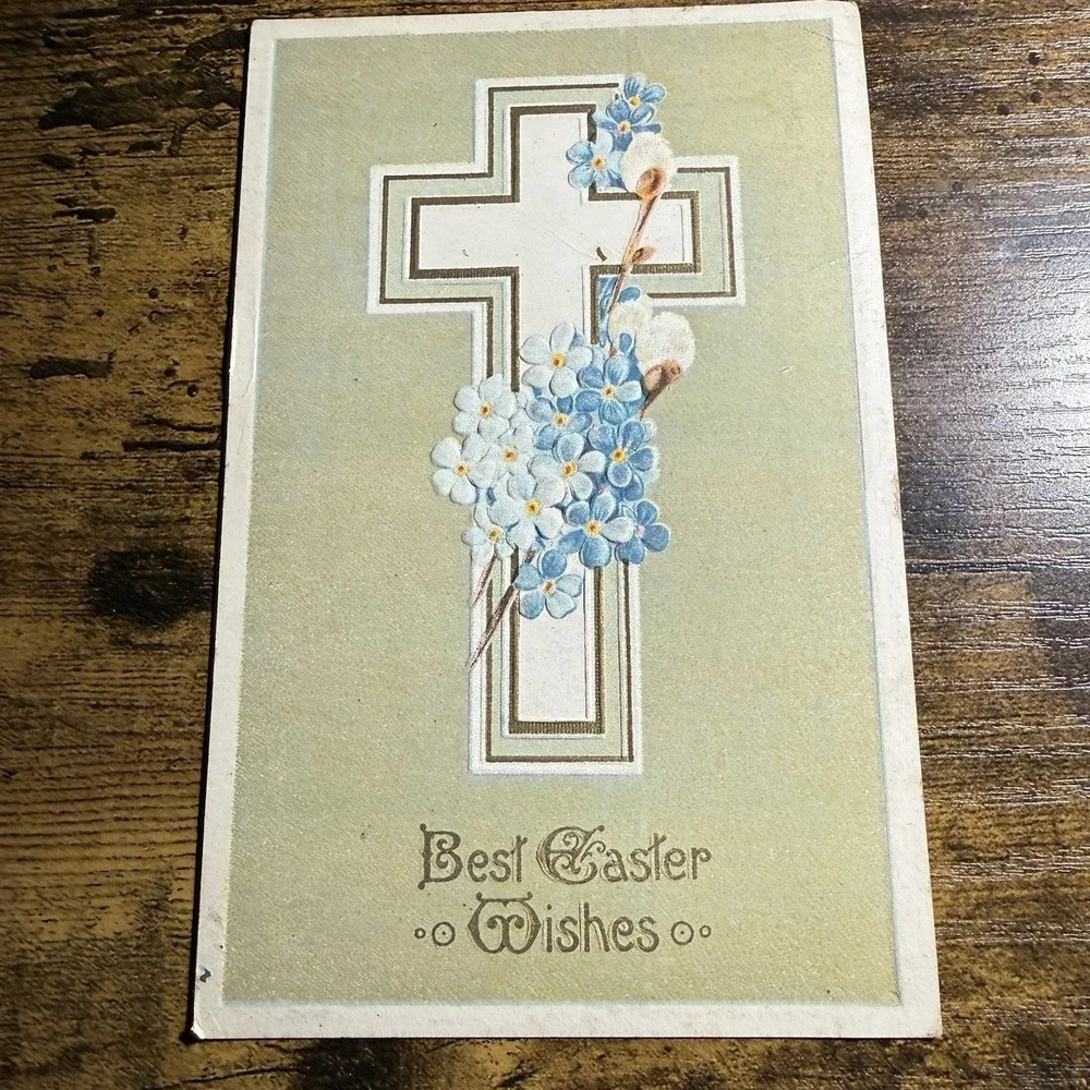 ANTIQUE Easter Wishes Postcard Cross‎ Flowers 1929 Posted USA Ephemera Christian